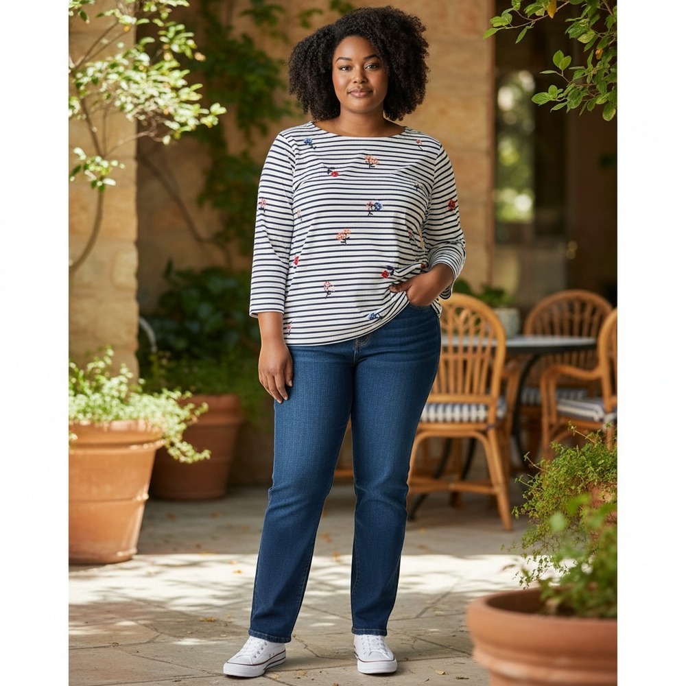 Talbots Authentic Navy White Striped Floral Embroidered Long Sleeve Tee Shirt MP